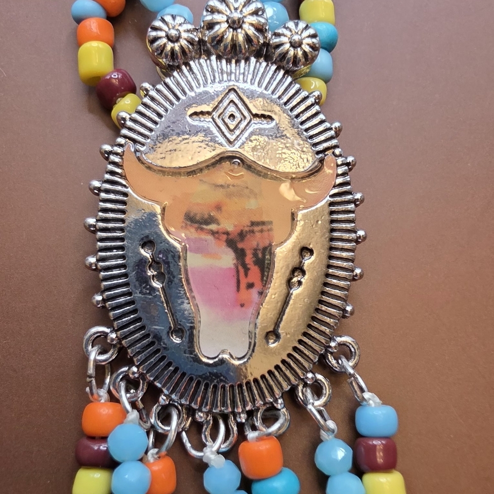 Boho Silver Bull Pendant Beaded Necklace in Turquoise & Orange